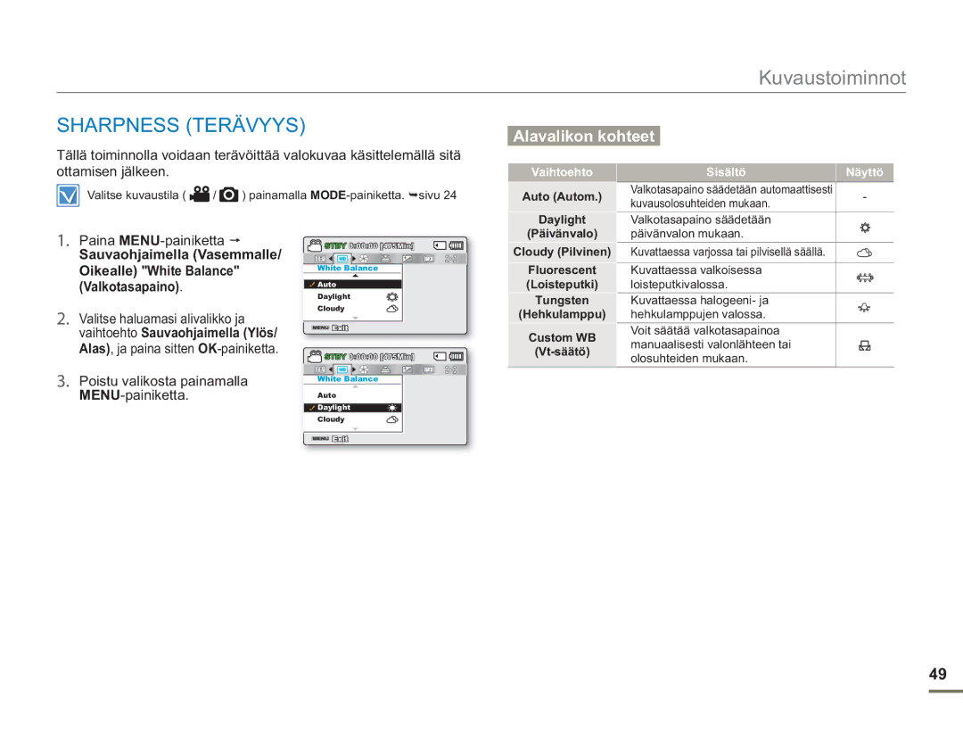 Samsung SMX-F50SP/EDC, SMX-F50BP/EDC, SMX-F50RP/EDC manual Sharpness Terävyys, Auto Autom Daylight 