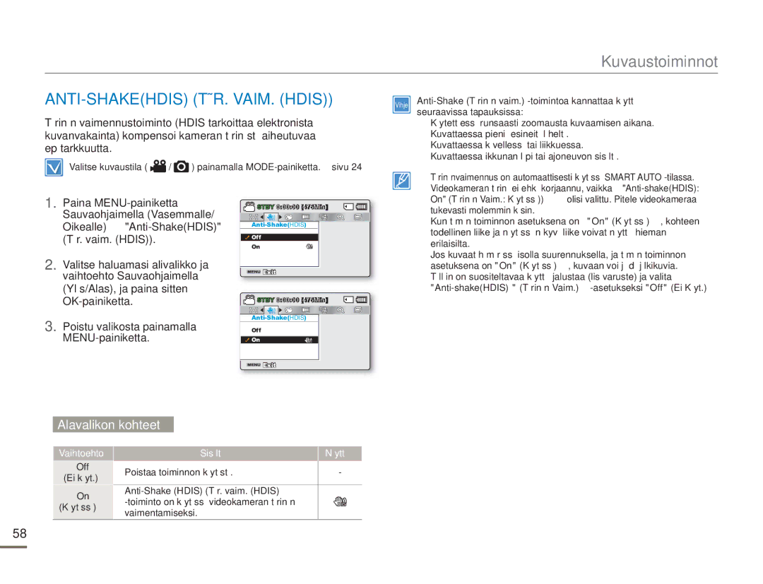 Samsung SMX-F50SP/EDC, SMX-F50BP/EDC, SMX-F50RP/EDC manual ANTI-SHAKEHDIS TÄR. VAIM. Hdis, Off Ei käyt Käytössä 