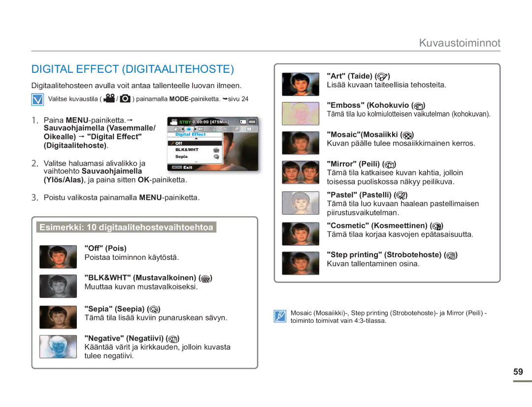 Samsung SMX-F50BP/EDC, SMX-F50RP/EDC manual Digital Effect Digitaalitehoste, Esimerkki 10 digitaalitehostevaihtoehtoa 