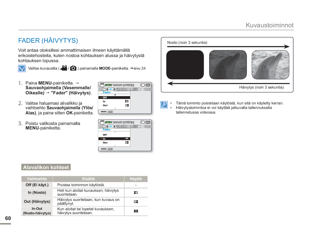 Samsung SMX-F50RP/EDC manual Sauvaohjaimella Vasemmalle/ Oikealle Fader Häivytys, Off Ei käyt Nosto Out Häivytys 