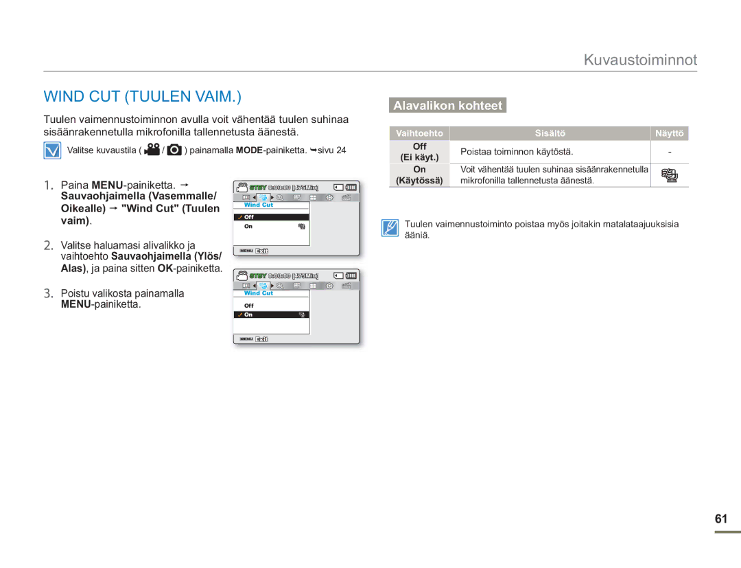 Samsung SMX-F50SP/EDC, SMX-F50BP/EDC, SMX-F50RP/EDC manual Wind CUT Tuulen Vaim, Poistu valikosta painamalla, MENU-painiketta 