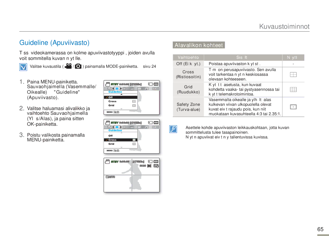 Samsung SMX-F50BP/EDC, SMX-F50RP/EDC, SMX-F50SP/EDC manual Guideline Apuviivasto, Oikealle Guideline, Off Ei käyt Cross 