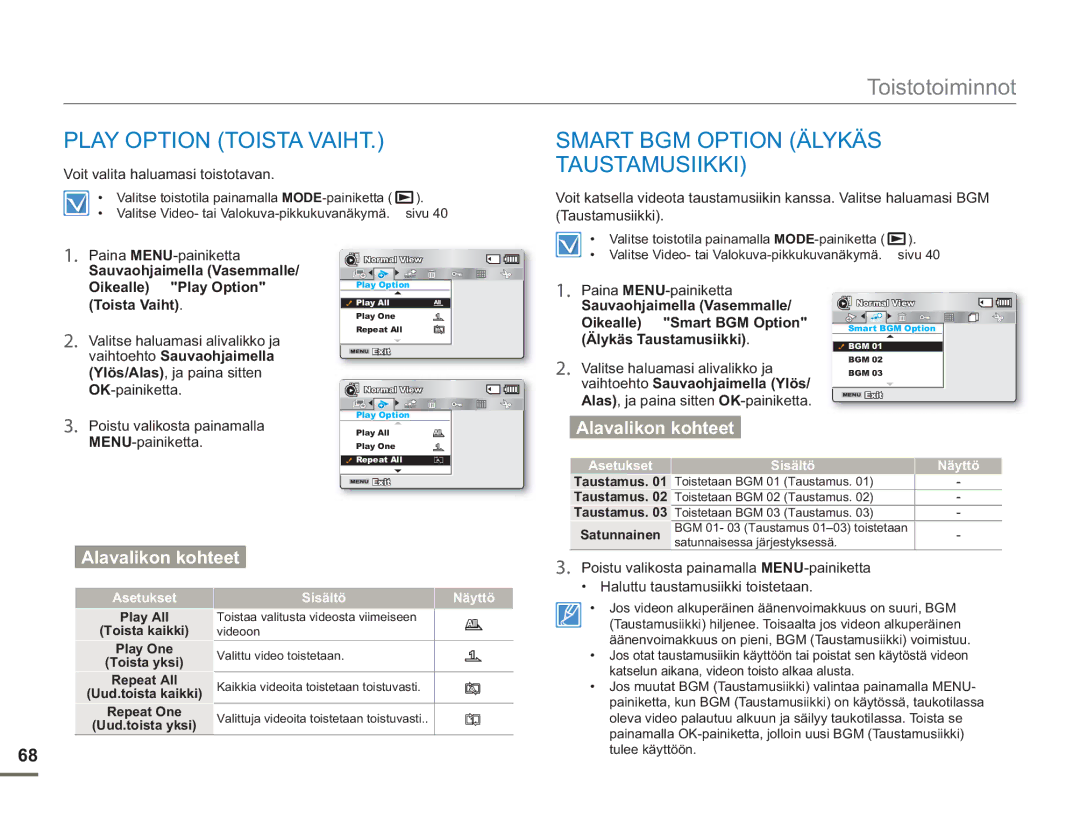 Samsung SMX-F50BP/EDC Play Option Toista Vaiht, Smart BGM Option Älykäs Taustamusiikki, Voit valita haluamasi toistotavan 