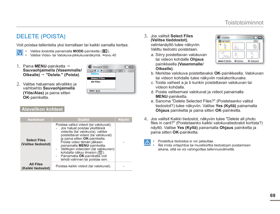 Samsung SMX-F50RP/EDC, SMX-F50BP/EDC Delete Poista, Oikealle Delete. Poista, Jos valitsit Select Files, Valitse tieddostot 