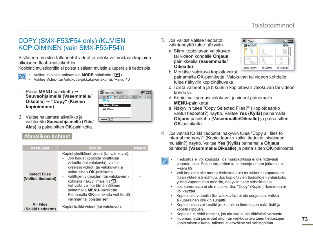 Samsung SMX-F50SP/EDC, SMX-F50BP/EDC, SMX-F50RP/EDC manual Copy SMX-F53/F54 only Kuvien Kopioiminen vain SMX-F53/F54 