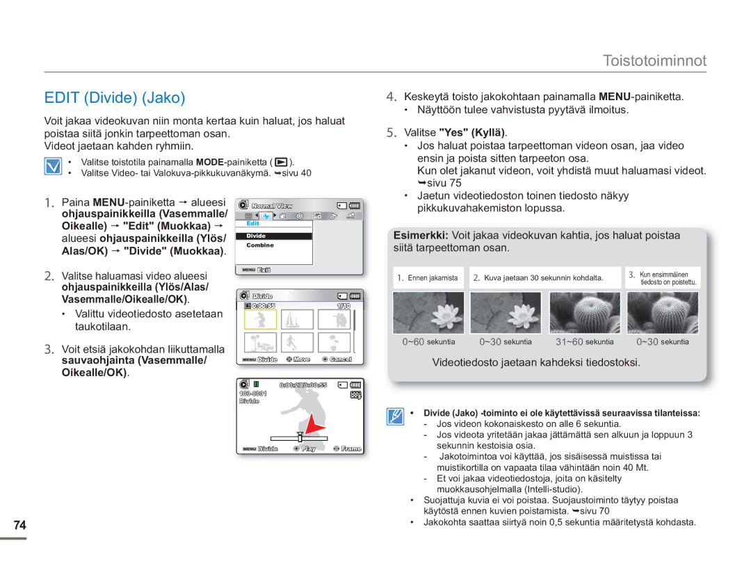 Samsung SMX-F50BP/EDC, SMX-F50RP/EDC manual Edit Divide Jako, Oikealle Edit Muokkaa, Alueesi ohjauspainikkeilla Ylös 