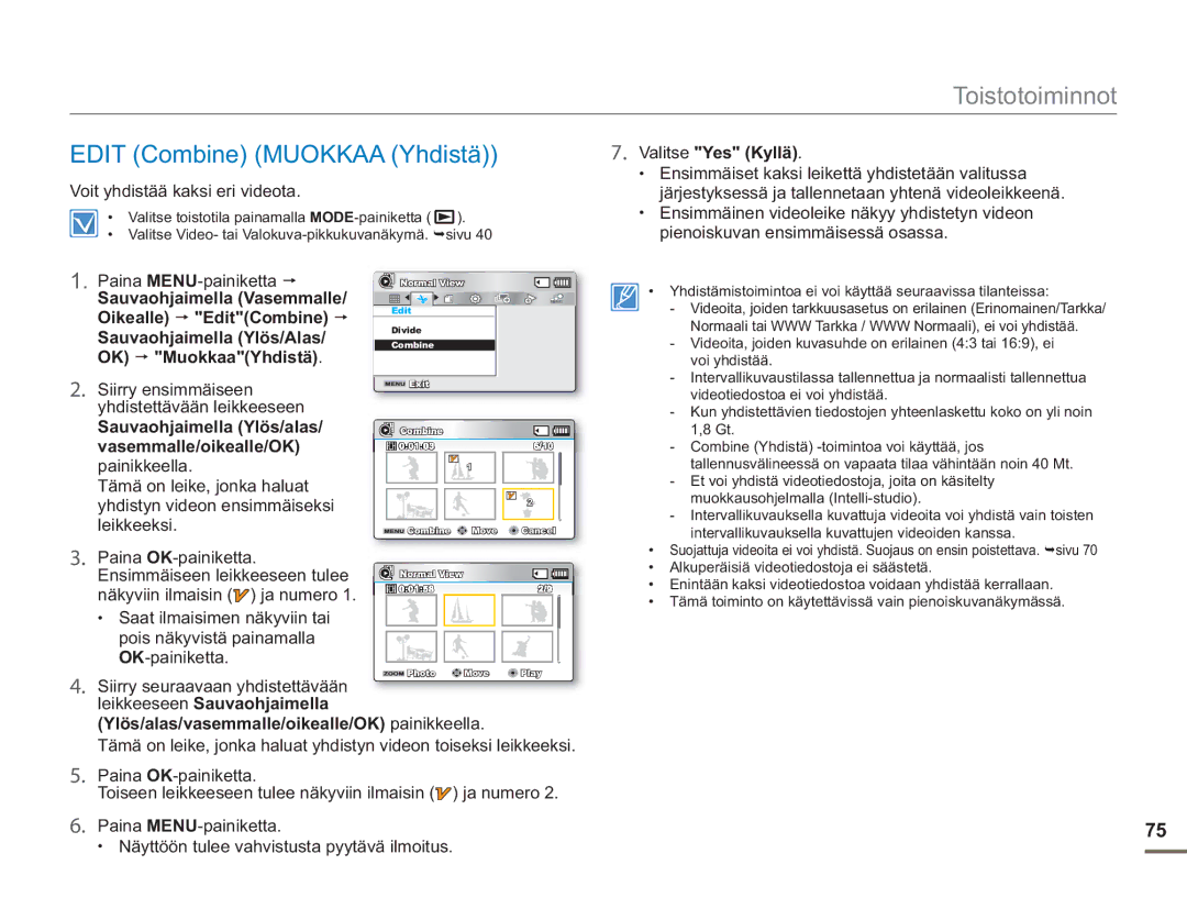 Samsung SMX-F50RP/EDC, SMX-F50BP/EDC, SMX-F50SP/EDC manual Edit Combine Muokkaa Yhdistä, Voit yhdistää kaksi eri videota 