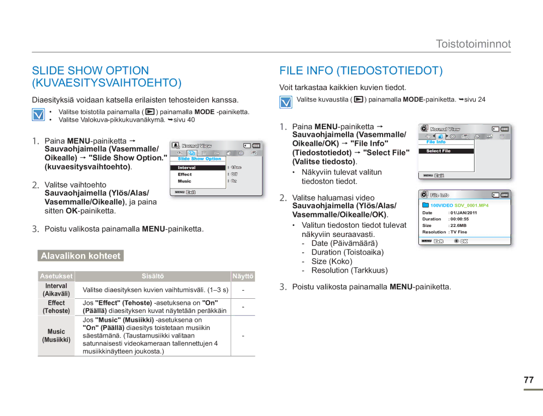 Samsung SMX-F50BP/EDC, SMX-F50RP/EDC, SMX-F50SP/EDC manual Slide Show Option Kuvaesitysvaihtoehto, File Info Tiedostotiedot 