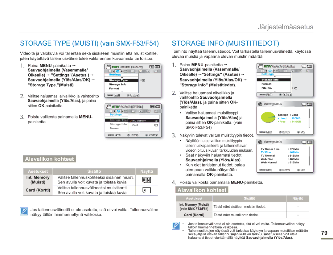 Samsung SMX-F50SP/EDC, SMX-F50BP/EDC Oikealle Settings Asetus, Sauvaohjaimella Ylös/Alas/OK, Storage Info Muistitiedot 
