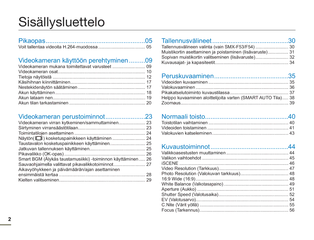 Samsung SMX-F50BP/EDC, SMX-F50RP/EDC, SMX-F50SP/EDC manual Sisällysluettelo, Videokameran käyttöön perehtyminen, Näytön 