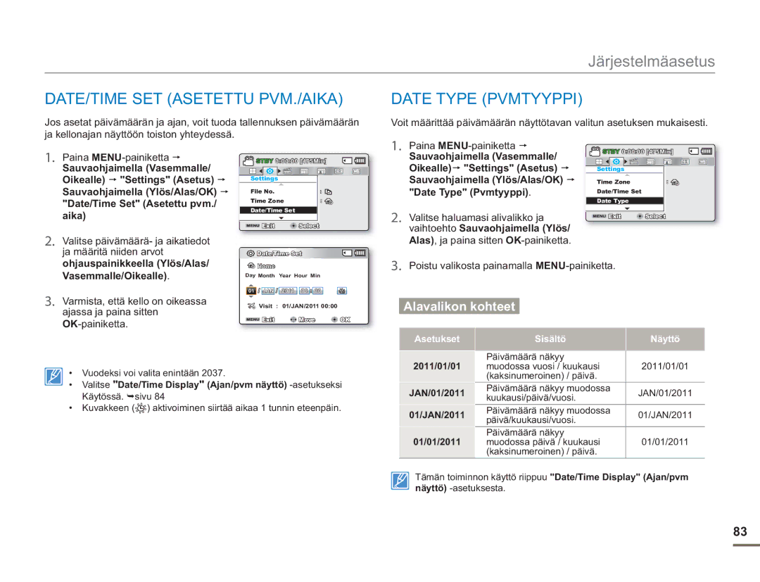 Samsung SMX-F50BP/EDC, SMX-F50RP/EDC, SMX-F50SP/EDC manual DATE/TIME SET Asetettu PVM./AIKA, Date Type Pvmtyyppi 