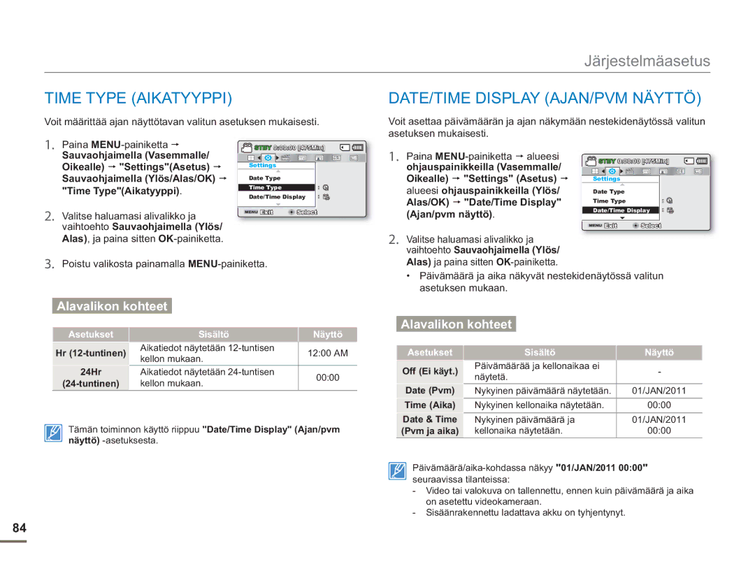 Samsung SMX-F50RP/EDC manual Time Type Aikatyyppi, DATE/TIME Display AJAN/PVM Näyttö, Time TypeAikatyyppi, Asetuksen mukaan 