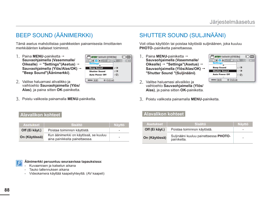 Samsung SMX-F50SP/EDC, SMX-F50BP/EDC, SMX-F50RP/EDC manual Beep Sound Äänimerkki, Shutter Sound Suljinääni 