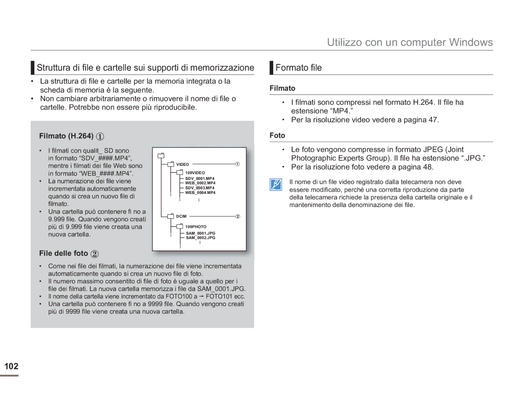 Samsung SMX-F54BP/EDC, SMX-F50BP/EDC manual Struttura di file e cartelle sui supporti di memorizzazione, Formato file, 102 