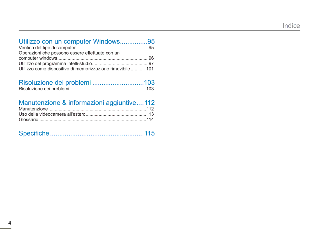 Samsung SMX-F50RP/EDC, SMX-F50BP/EDC, SMX-F54BP/EDC, SMX-F500XP/EDC 103, Manutenzione & informazioni aggiuntive 112, 115 