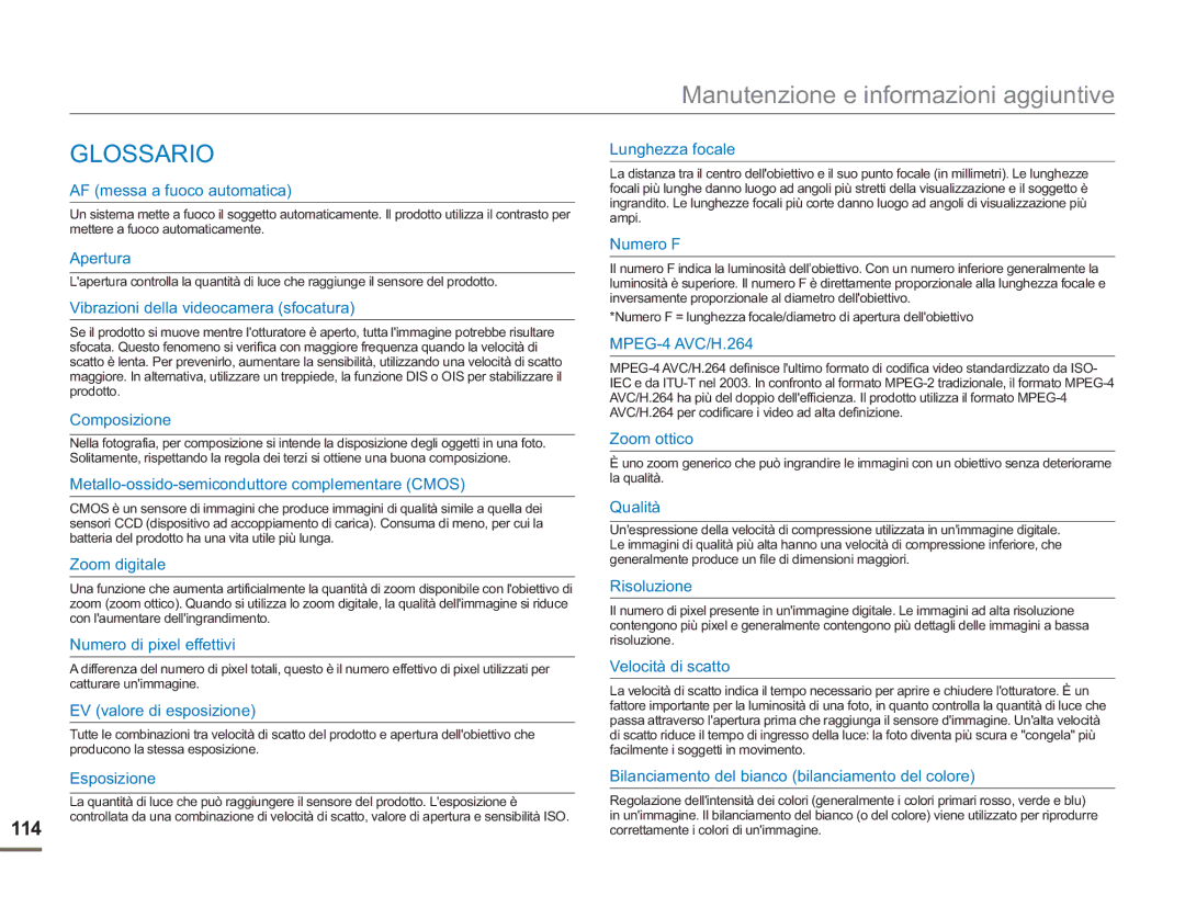 Samsung SMX-F500BP/EDC, SMX-F50BP/EDC, SMX-F54BP/EDC, SMX-F50RP/EDC, SMX-F500XP/EDC, SMX-F53BP/EDC manual Glossario, 114 