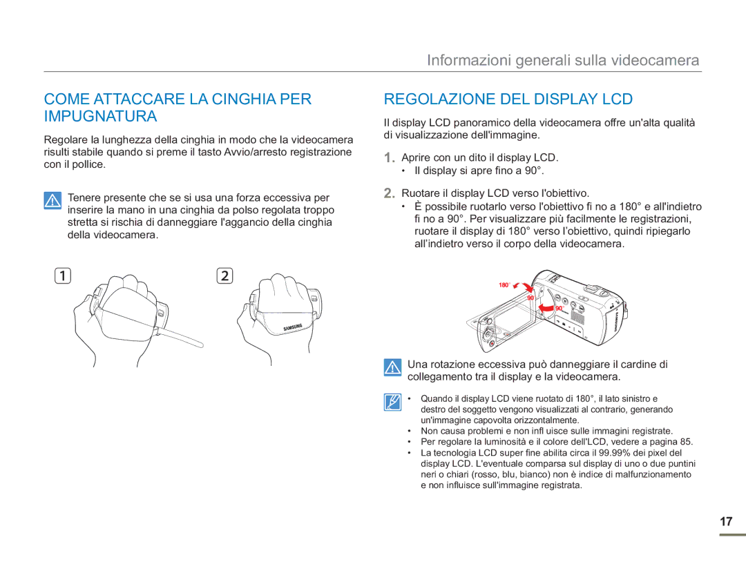 Samsung SMX-F50SP/EDC, SMX-F50BP/EDC, SMX-F54BP/EDC Come Attaccare LA Cinghia PER Impugnatura, Regolazione DEL Display LCD 