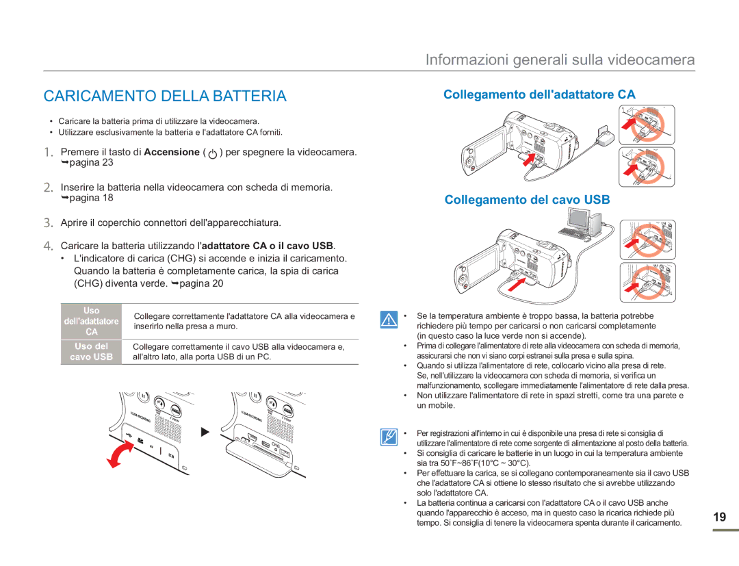 Samsung SMX-F50UP/EDC, SMX-F50BP/EDC, SMX-F54BP/EDC manual Caricamento Della Batteria, Uso Delladattatore Uso del Cavo USB 