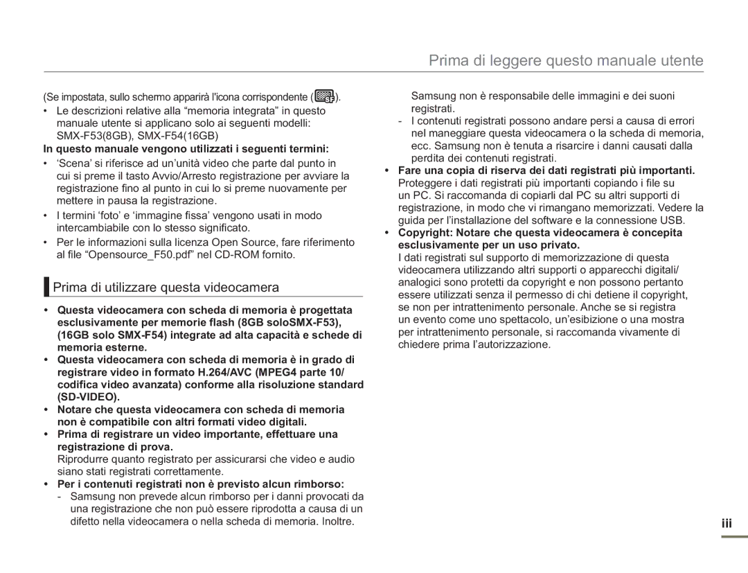 Samsung SMX-F500XP/EDC Prima di utilizzare questa videocamera, Iii, Questo manuale vengono utilizzati i seguenti termini 