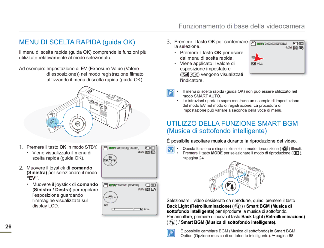 Samsung SMX-F50SP/EDC, SMX-F50BP/EDC manual Menu DI Scelta Rapida guida OK, Smart BGM Musica di sottofondo intelligente 