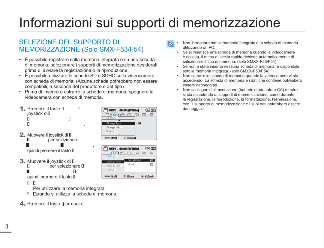 Samsung SMX-F54BP/EDC manual Informazioni sui supporti di memorizzazione, Quindi premere il tasto OK, Int. Memory Memoria 