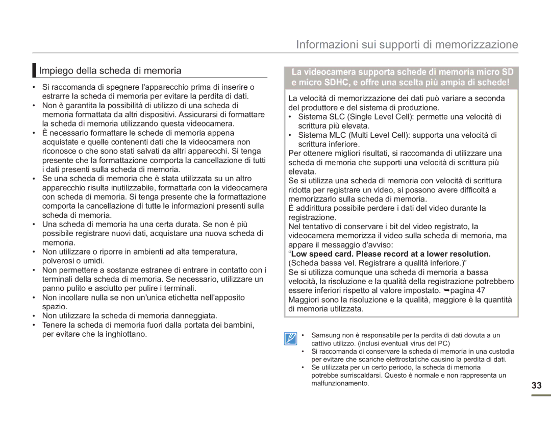 Samsung SMX-F500BP/EDC, SMX-F50BP/EDC, SMX-F54BP/EDC, SMX-F50RP/EDC, SMX-F500XP/EDC manual Impiego della scheda di memoria 