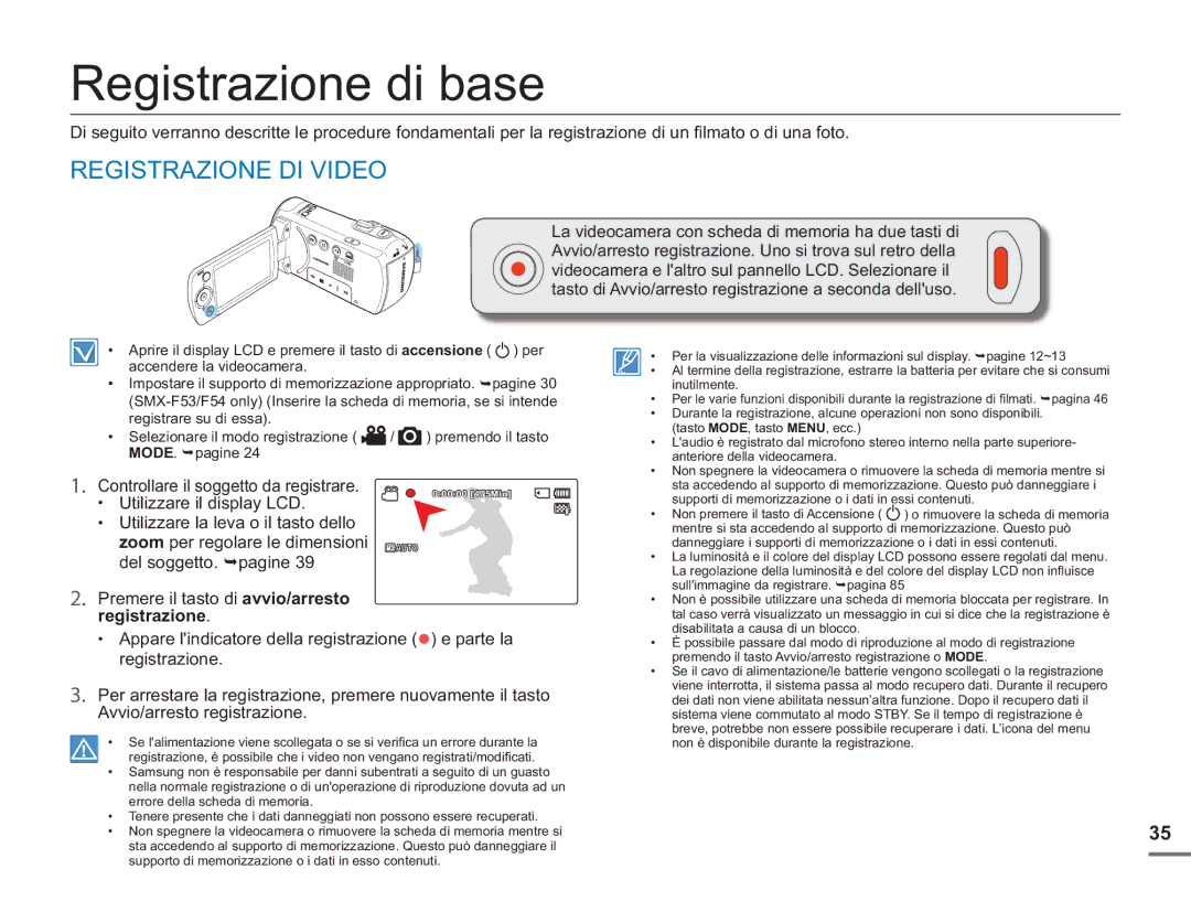 Samsung SMX-F50SP/EDC, SMX-F50BP/EDC Registrazione di base, Registrazione DI Video, Controllare il soggetto da registrare 