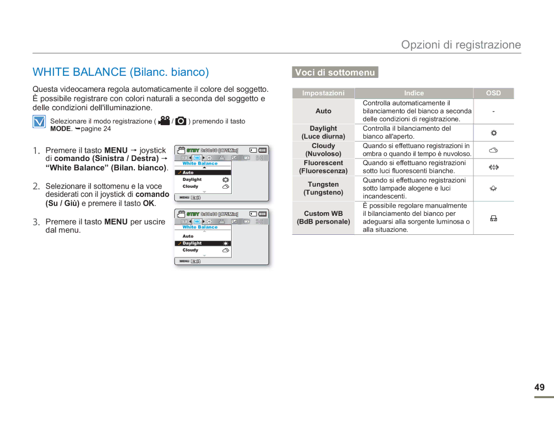 Samsung SMX-F50RP/EDC manual White Balance Bilanc. bianco, Premere il tasto Menu joystick, White Balance Bilan. bianco 