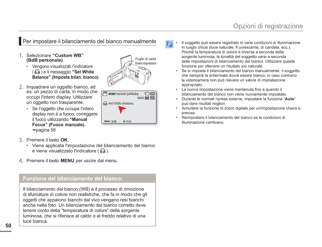 Samsung SMX-F500XP/EDC Per impostare il bilanciamento del bianco manualmente, Funzione del bilanciamento del bianco 