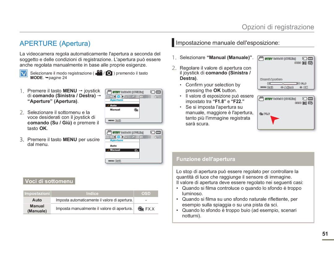 Samsung SMX-F500BP/EDC, SMX-F50BP/EDC Aperture Apertura, Impostazione manuale dellesposizione, Funzione dellapertura 