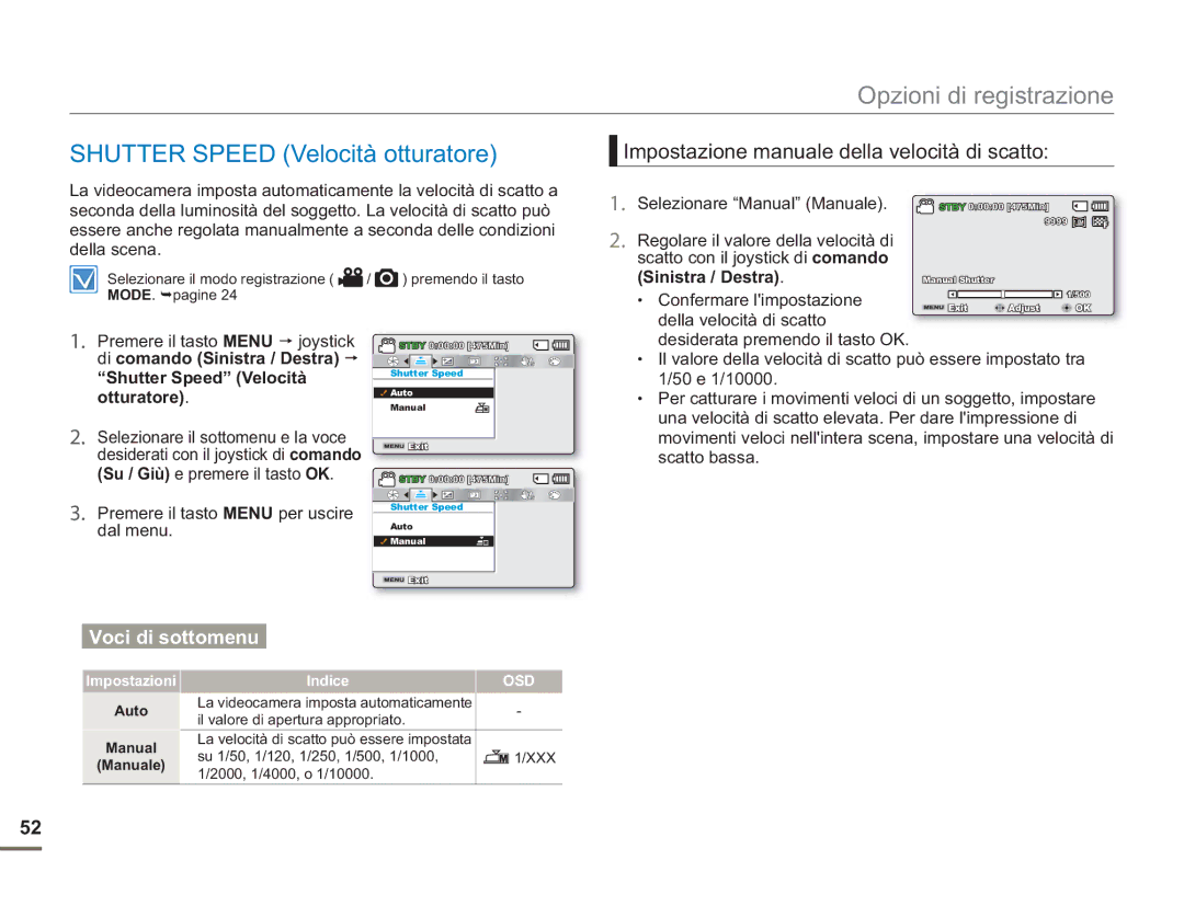 Samsung SMX-F53BP/EDC Shutter Speed Velocità otturatore, Impostazione manuale della velocità di scatto, Manual 