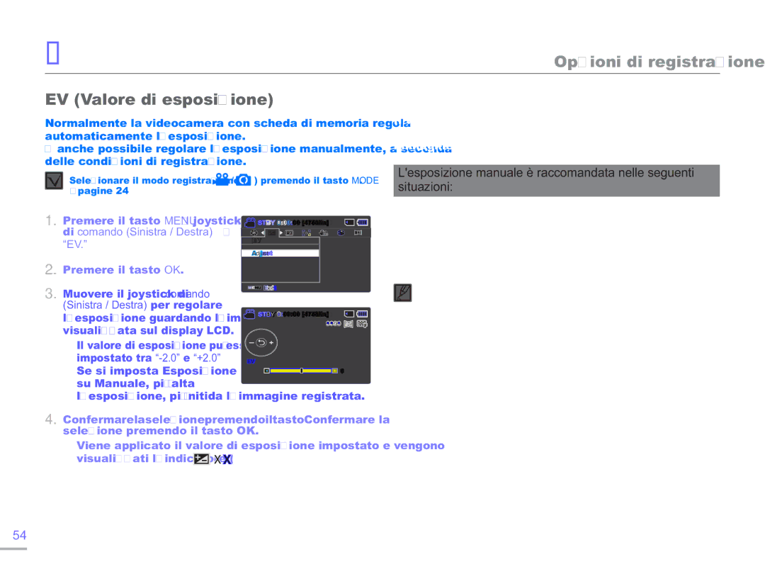 Samsung SMX-F50BP/MEA manual EV Valore di esposizione, Funzione di EV valore di esposizione, Sinistra / Destra per regolare 