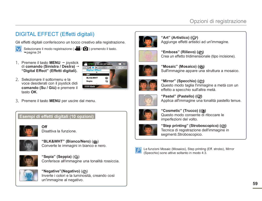 Samsung SMX-F500XP/EDC, SMX-F50BP/EDC, SMX-F54BP/EDC Digital Effect Effetti digitali, Esempi di effetti digitali 10 opzioni 