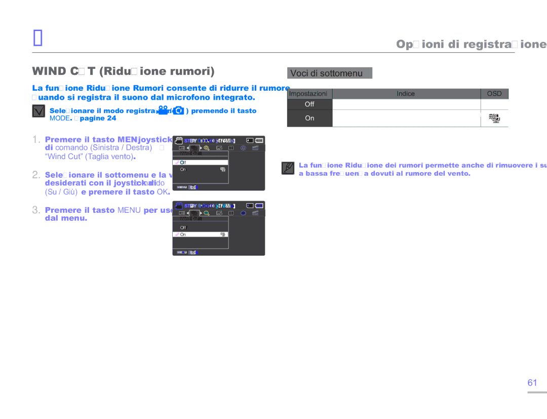 Samsung SMX-F53BP/EDC, SMX-F50BP/EDC, SMX-F54BP/EDC, SMX-F50RP/EDC manual Wind CUT Riduzione rumori, Impostazioni Indice 