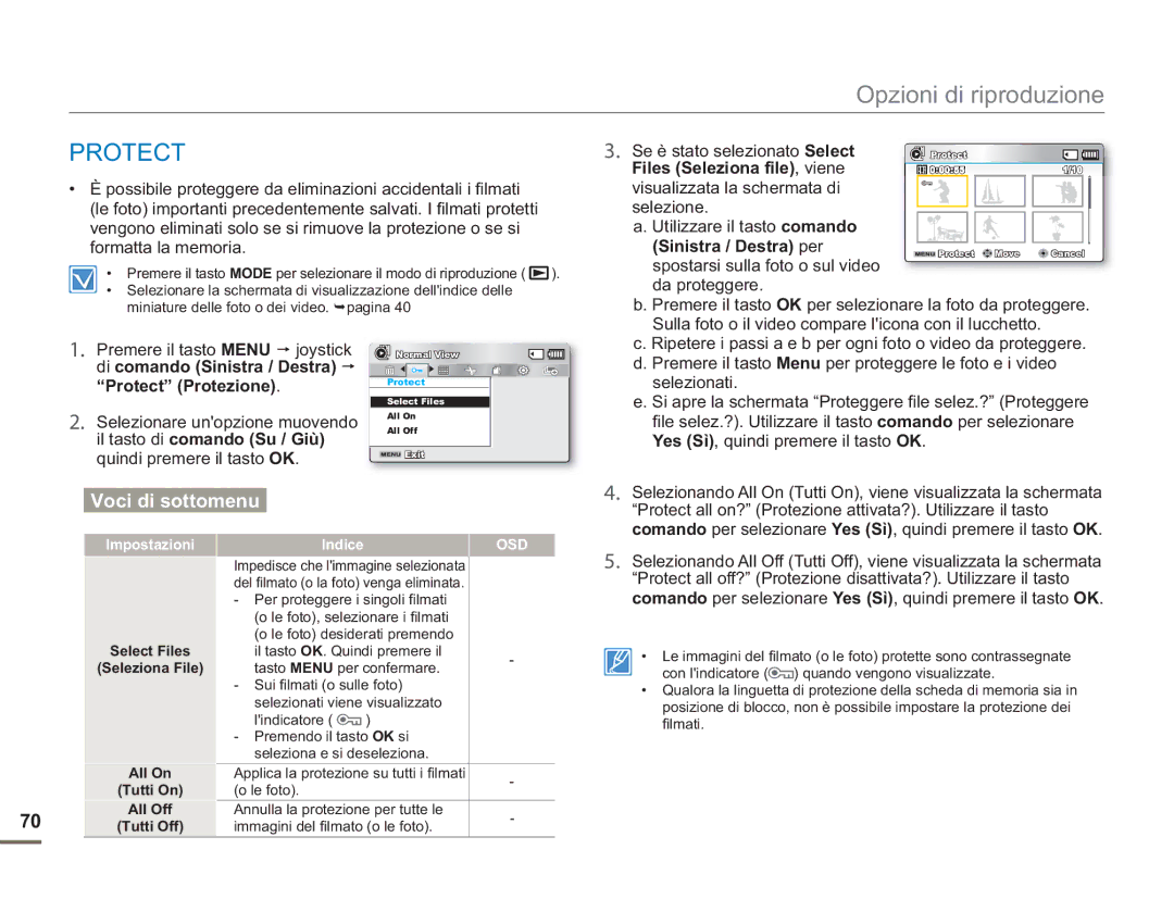 Samsung SMX-F53BP/EDC, SMX-F50BP/EDC Files Seleziona file , viene, Protect Protezione, Il tasto di comando Su / Giù 