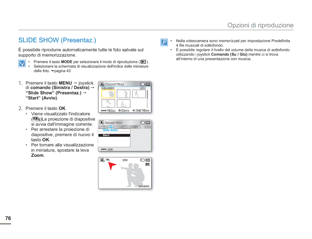 Samsung SMX-F50RP/EDC, SMX-F50BP/EDC manual Slide Show Presentaz, Premere il tasto OK Viene visualizzato lindicatore 