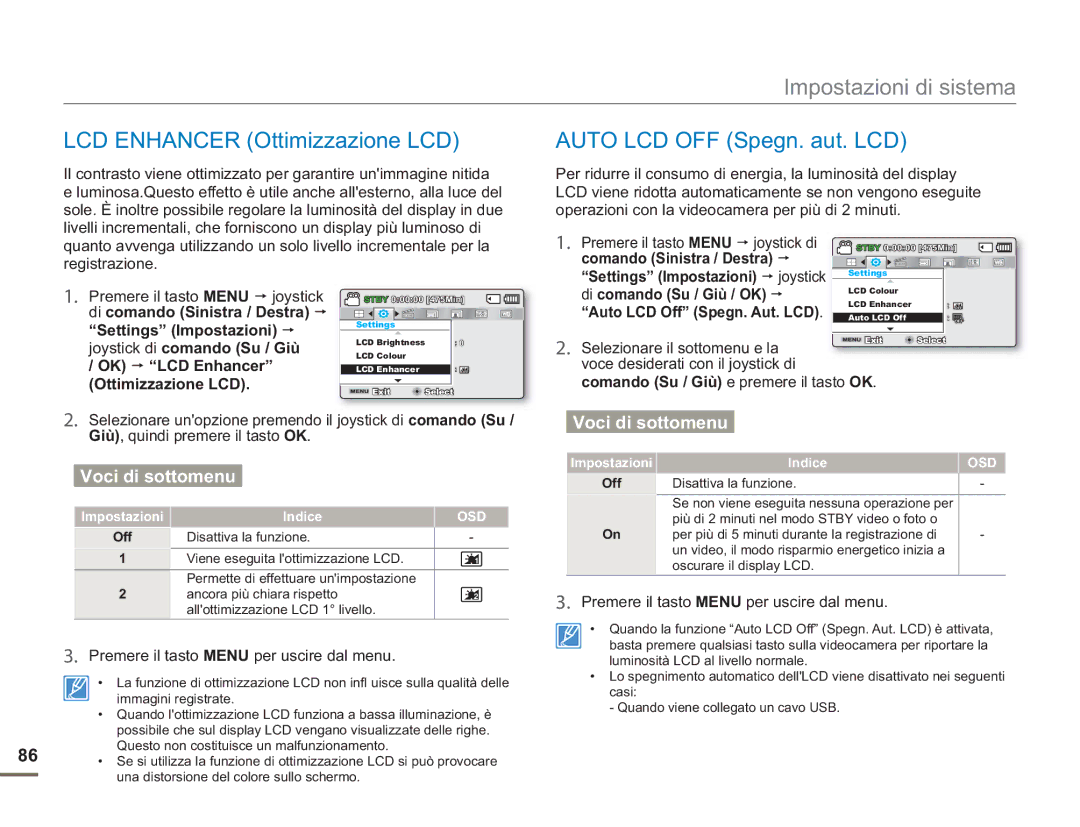 Samsung SMX-F500XP/EDC OK LCD Enhancer, Premere il tasto Menu joystick, Auto LCD Off Spegn. Aut. LCD, Ottimizzazione LCD 