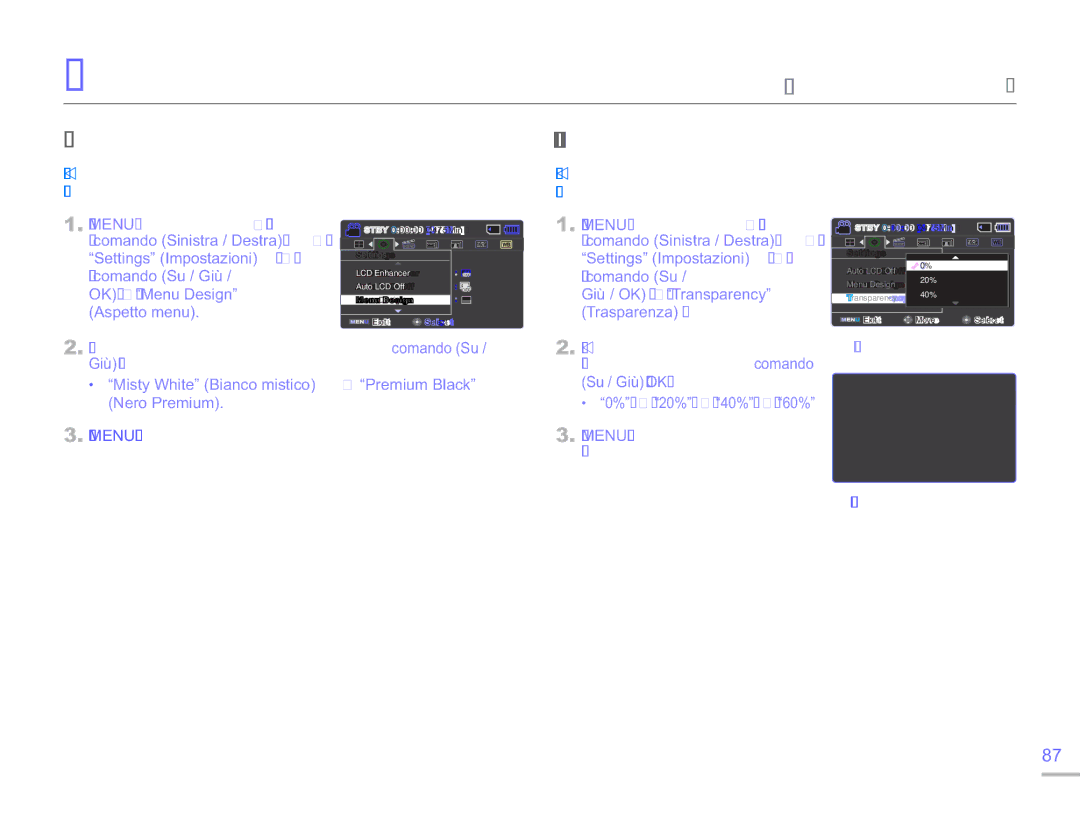 Samsung SMX-F500BP/EDC, SMX-F50BP/EDC, SMX-F54BP/EDC, SMX-F50RP/EDC manual Menu Design Aspetto menu, Transparency Trasparenza 