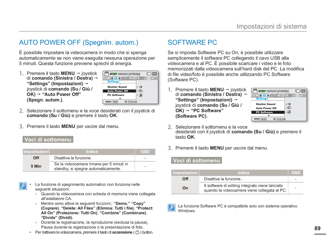 Samsung SMX-F50SP/EDC, SMX-F50BP/EDC, SMX-F54BP/EDC, SMX-F50RP/EDC, SMX-F500XP/EDC Auto Power OFF Spegnim. autom, Software PC 