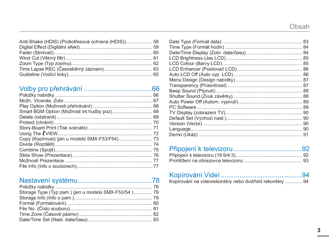 Samsung SMX-F50BP/EDC, SMX-F54BP/EDC, SMX-F50RP/EDC, SMX-F53BP/EDC manual Obsah, Anti-Shake Hdis Protiotřesová ochrana Hdis 