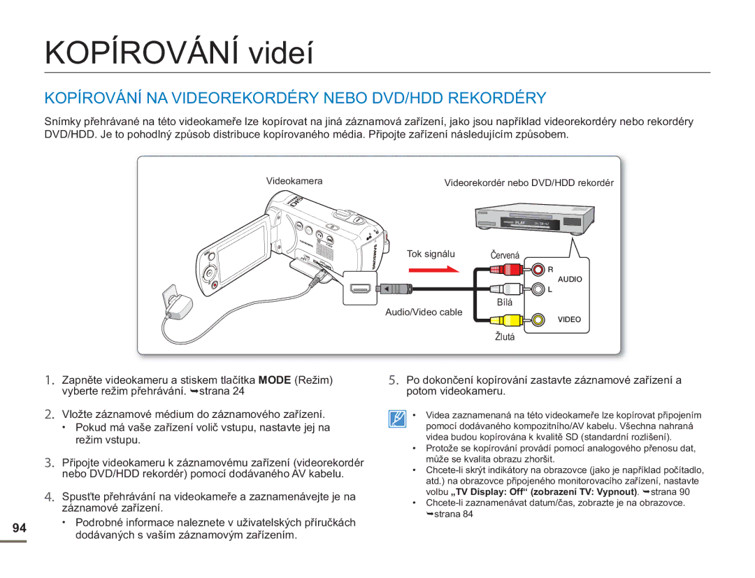 Samsung SMX-F54BP/EDC, SMX-F50BP/EDC, SMX-F50RP/EDC Kopírování videí, Kopírování NA Videorekordéry Nebo DVD/HDD Rekordéry 