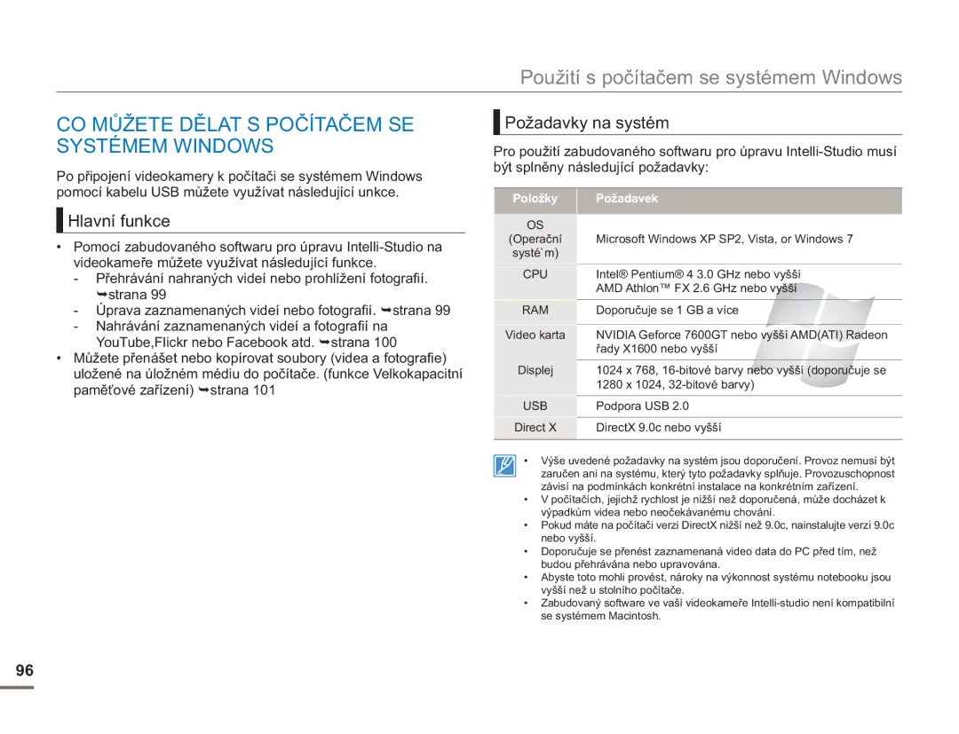 Samsung SMX-F53BP/EDC, SMX-F50BP/EDC CO Můžete Dělat S Počítačem SE Systémem Windows, Hlavní funkce, Požadavky na systém 