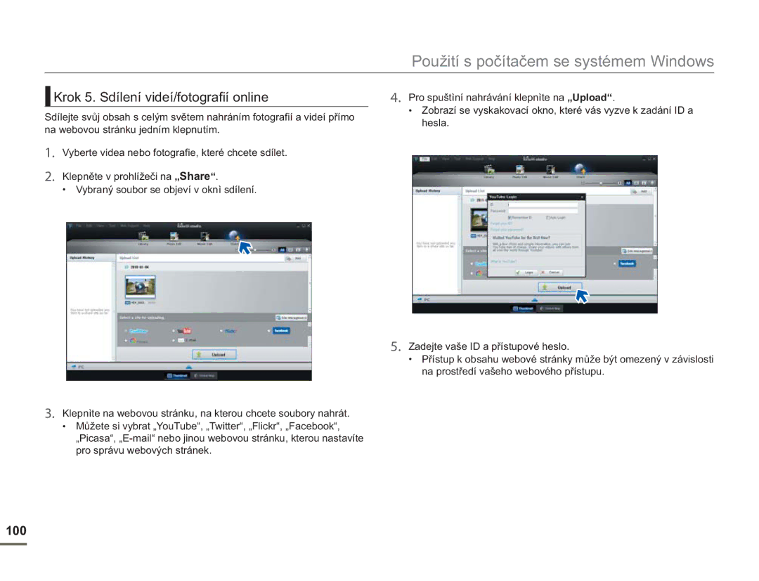 Samsung SMX-F50RP/EDC, SMX-F50BP/EDC, SMX-F54BP/EDC, SMX-F53BP/EDC manual Krok 5. Sdílení videí/fotografií online, 100 