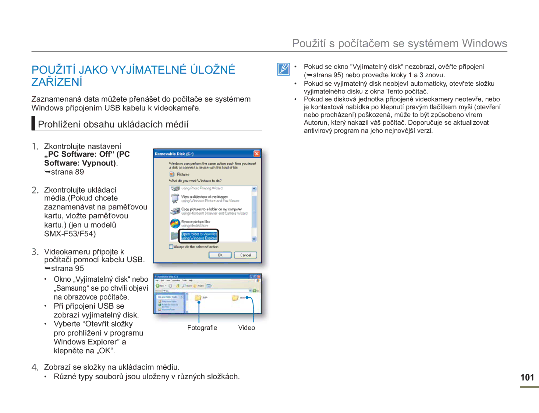Samsung SMX-F53BP/EDC, SMX-F50BP/EDC Použití Jako Vyjímatelné Úložné Zařízení, Prohlížení obsahu ukládacích médií, 101 