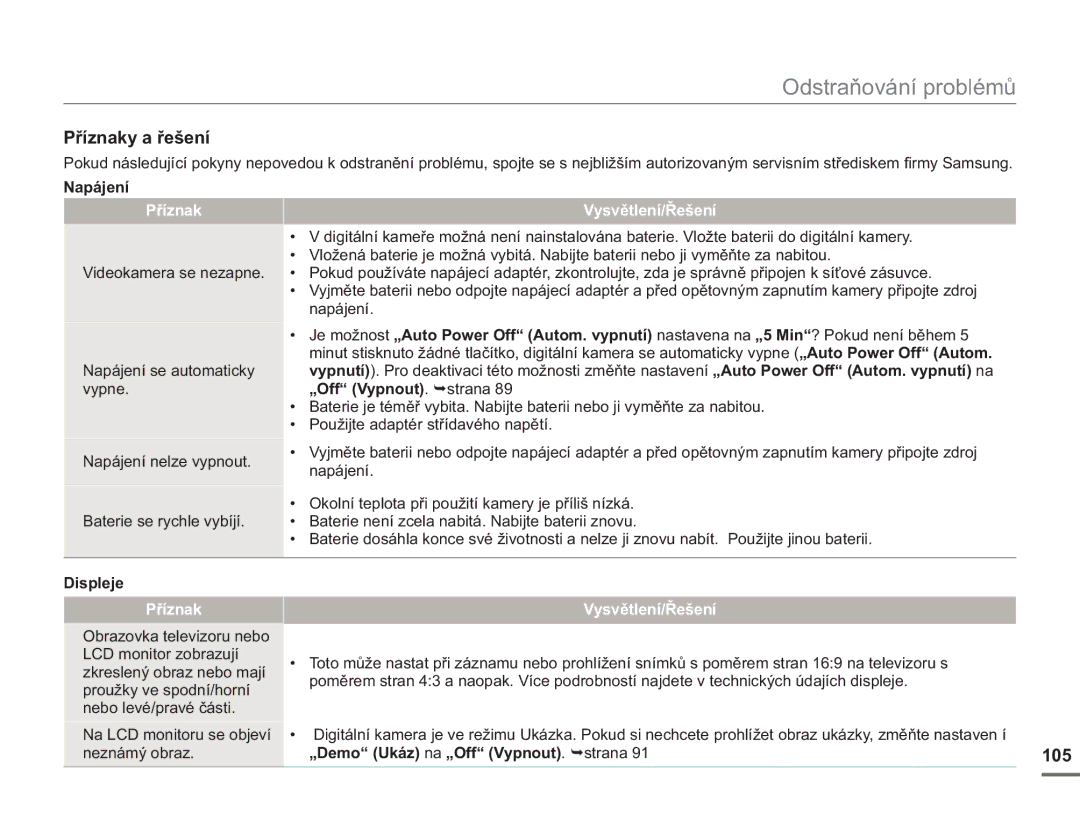 Samsung SMX-F50RP/EDC, SMX-F50BP/EDC manual Příznaky a řešení, 105, Napájení, Displeje, „Demo Ukáz na „Off Vypnout . strana 