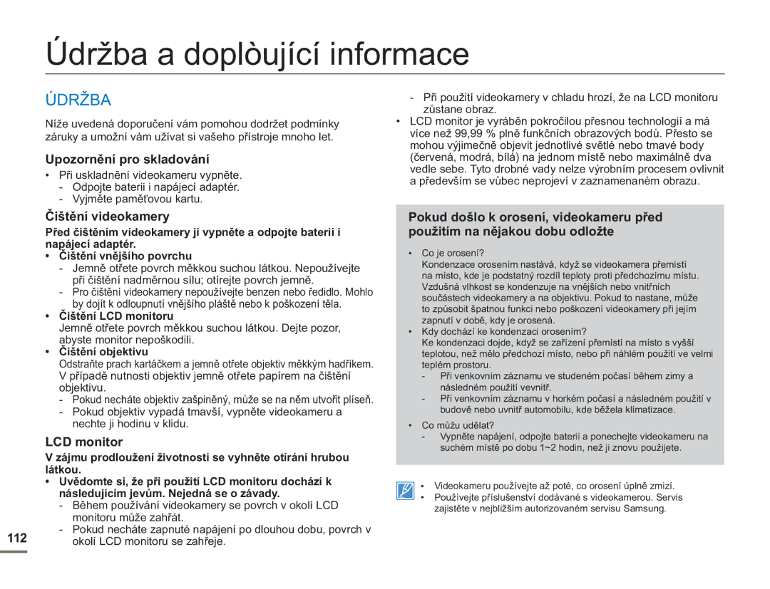 Samsung SMX-F50SP/EDC manual Údržba a doplòující informace, Upozornění pro skladování, Čištění videokamery, LCD monitor 