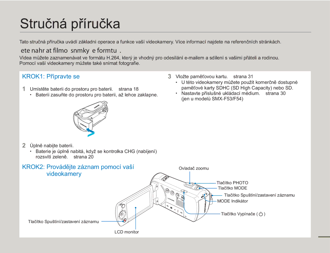 Samsung SMX-F50RP/EDC, SMX-F50BP/EDC, SMX-F54BP/EDC, SMX-F53BP/EDC manual Stručná příručka, Vložte paměťovou kartu. strana 