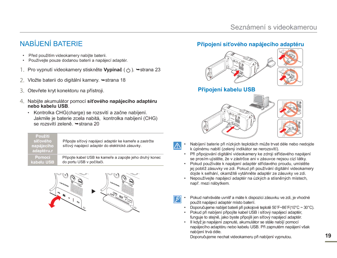 Samsung SMX-F54BP/EDC, SMX-F50BP/EDC manual Nabíjení Baterie, Použití Síťového Napájecího Adaptéru.r Pomocí Kabelu USB 