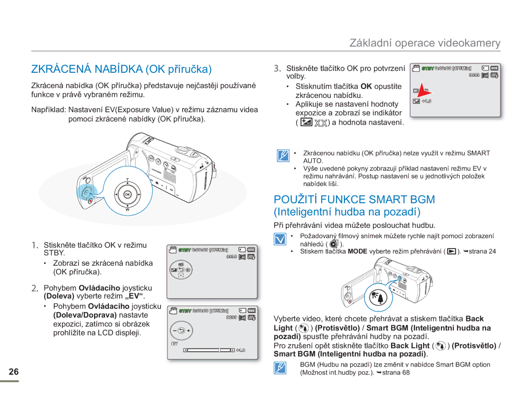 Samsung SMX-F53BP/EDC manual Zkrácená Nabídka OK příručka, Použití Funkce Smart BGM Inteligentní hudba na pozadí, Volby 