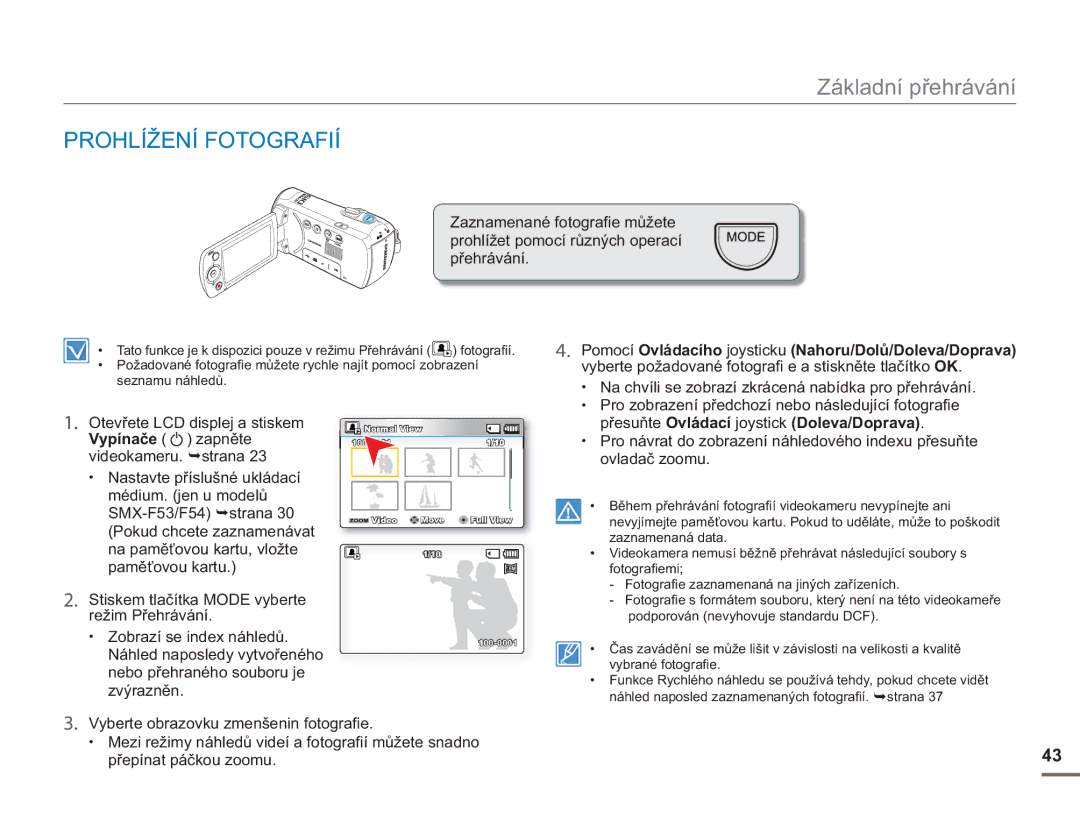 Samsung SMX-F50BP/EDC, SMX-F54BP/EDC manual Prohlížení Fotografií, Přesuňte Ovládací joystick Doleva/Doprava, Vypínače 